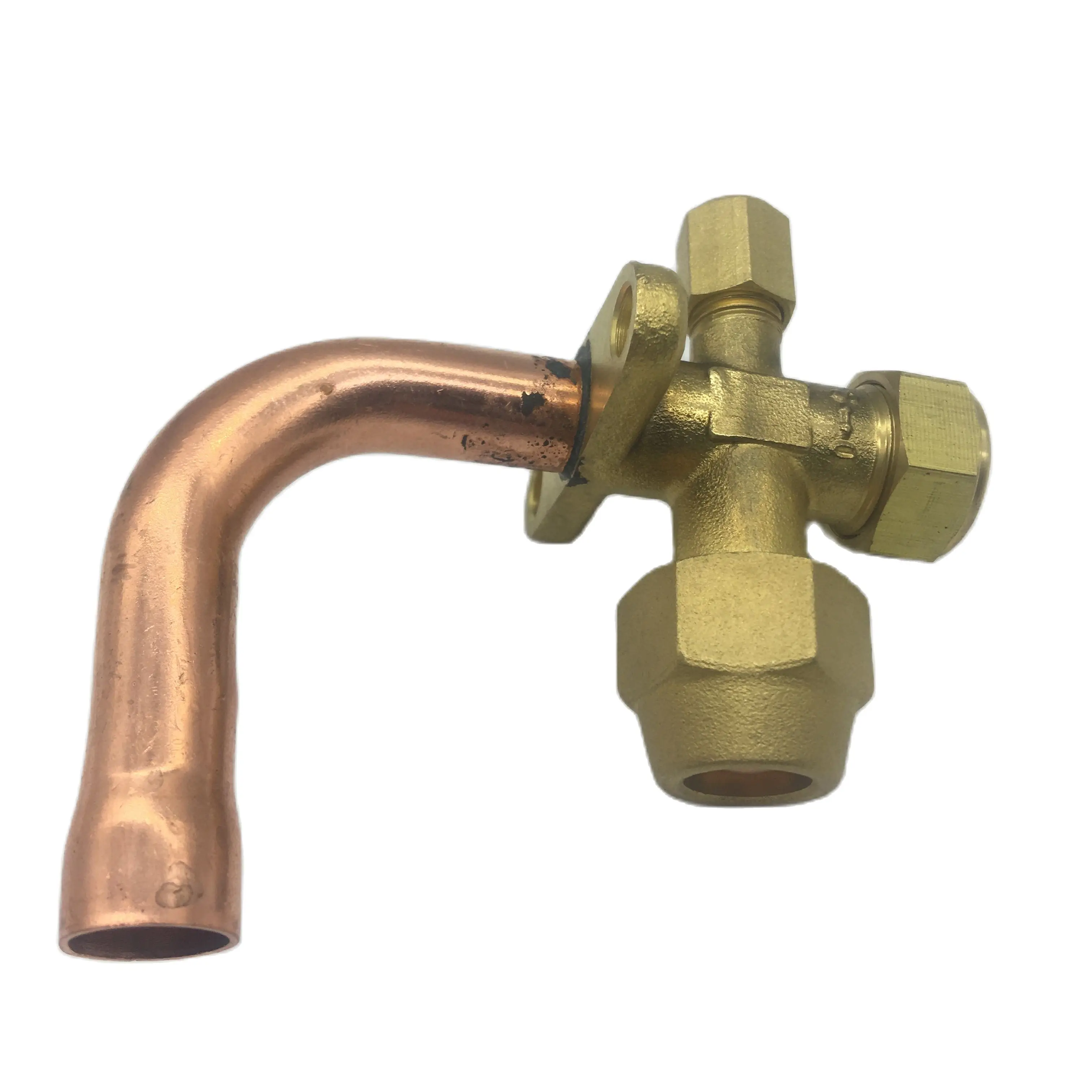 Service valve with oval flange bracket & 90\' elbow copper tube is designed for box type cooling unit, freezer and water chillers