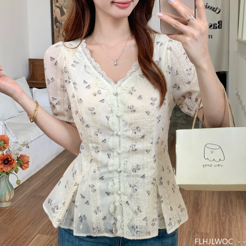 Mince Transparent à lacets blanc dentelle ventre Peplum hauts mignon doux japon filles rétro Vintage taille mince Chic Y2K Design Blouses