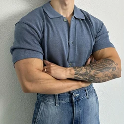 2024 Summer Mens Casual Tops Knitted Turn-down Collar Button Short Sleeve Slim Shirt For Men Knitwear Vintage Solid Color Shirts