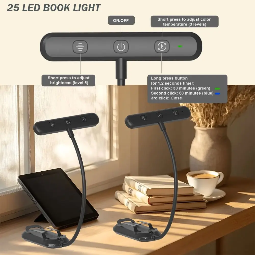 

Новая светодиодная лампа для чтения с креплением на клипсе, 25 LED, перезаряжаемая, 3 цвета, мини-лампа для книг, 5 уровней яркости, LED-лампа для чтения, защищающая глаза, для дома