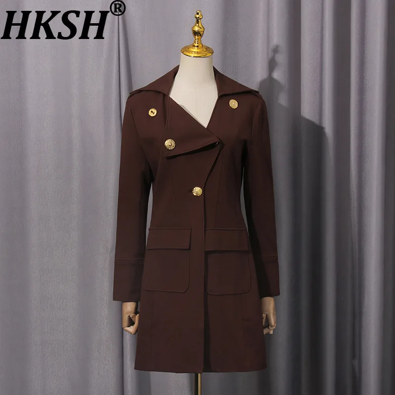 

HKSH 2026 Spring Autumn New Women Long Blazer Elegant Solid Color Buttoned Slim Fit High-end Versatile Trend Trench Coat HK18436