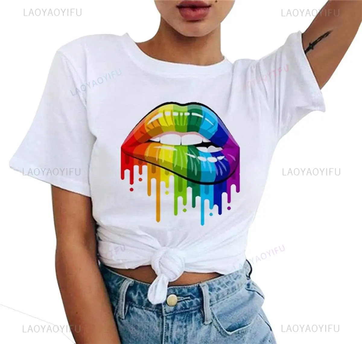 Laugh Fish Women Crewneck Printed T-shirt Rainbow Pride Month Woman Man Tops Graphic Short Sleeve LGBTQ Cotton Tees Retro