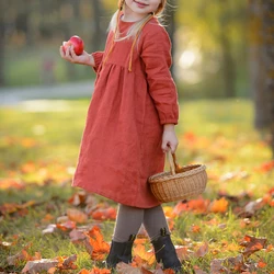 Chic Retro British Style Autumn Dress Girls 2026 New Solid Color Casual Loose Long Sleeved Dresses Christmas Red Kids Clothes