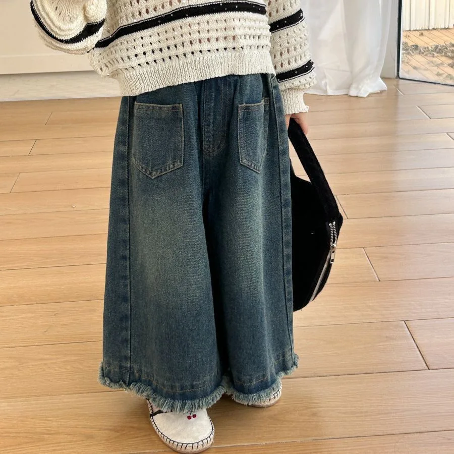 

Spring and Autumn Girls' Jeans Baby Foreign Style Children's Tide Korean Fashion Retro Rough Edge Loose Wide Leg Pants
