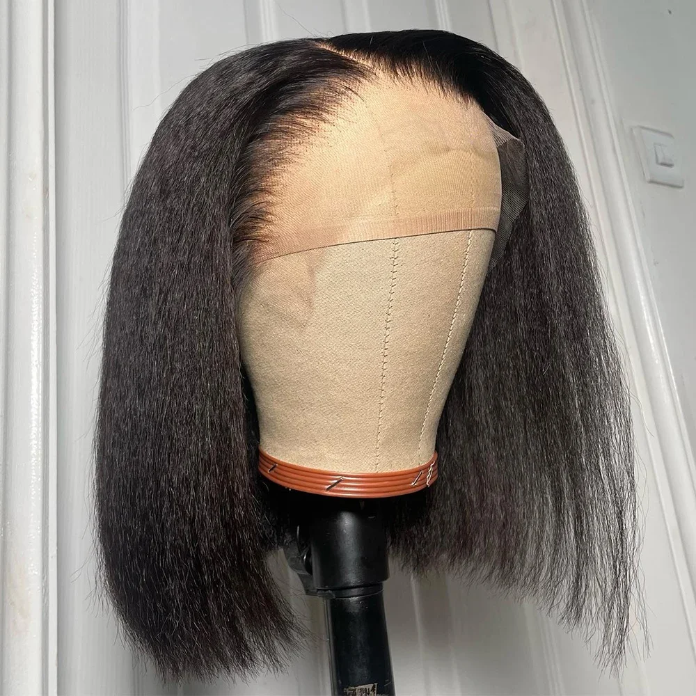 Peruca dianteira reta perverso preta do laço para mulheres, cabelo curto do bebê, resistente ao calor, sem cola, sintético pré-arrancado, densidade 180, 16"