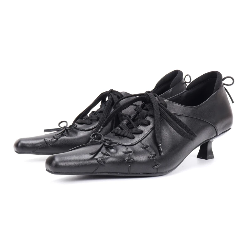 

Retro Pointed Toe Bow Decorate Low Heel Pumps Women Fashion Lace Up Kitten Heel Designer Shoes Punk Style Loafers Zapatos Mujer