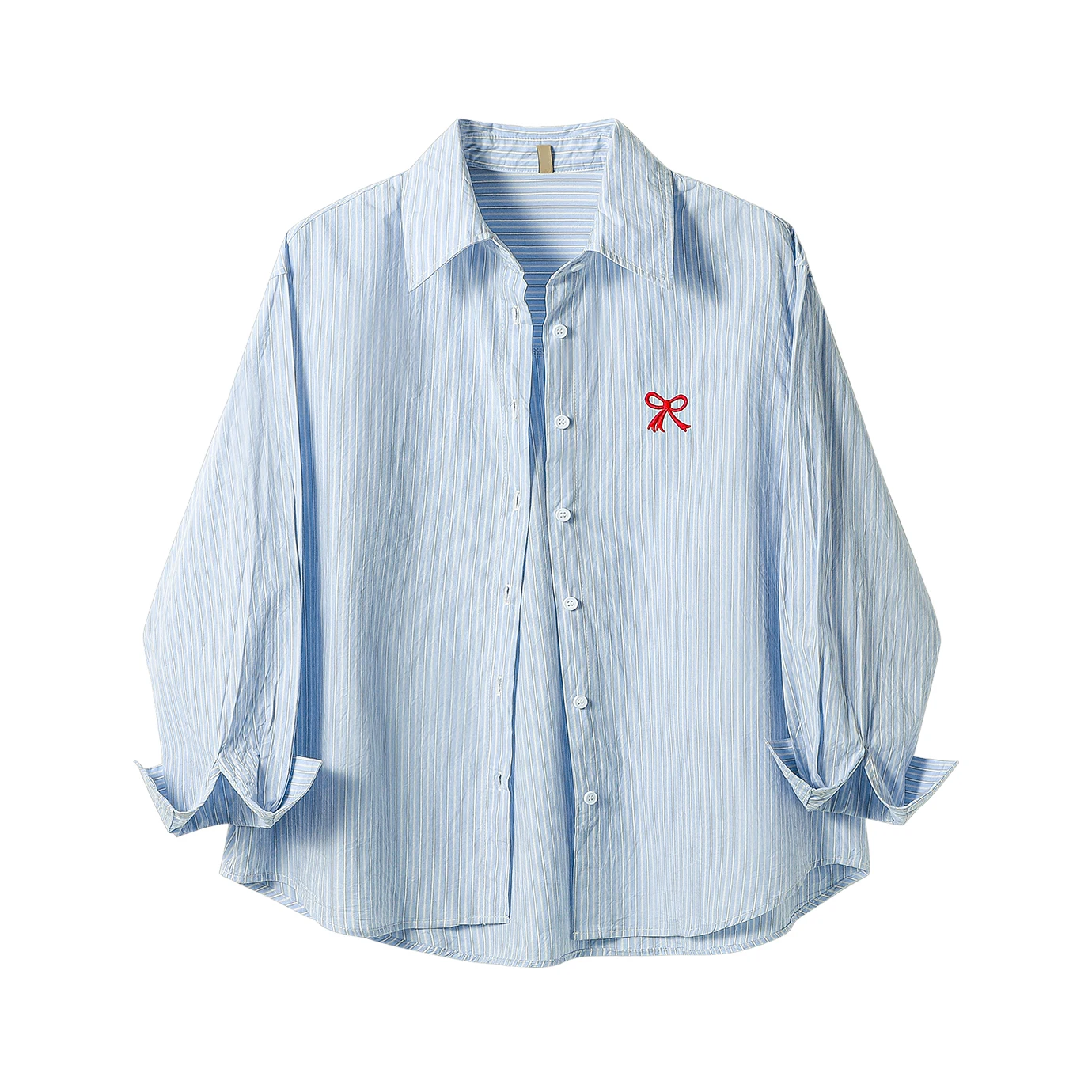 

Chic Bow Embroidery Long Sleeve Women's Striped Blouse Turn Down Collar Loose Casual Shirt Spring Autumn