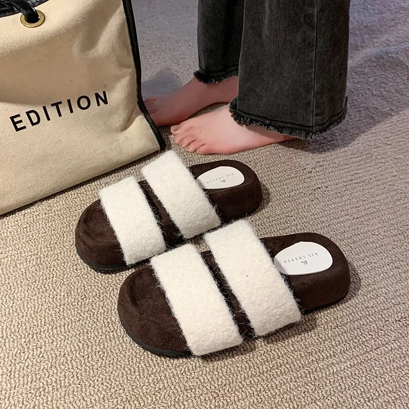 Fashionable and Versatile Woolen Slippers with Thick Soles, Women's Autumn and Winter 2024 New Commuting Woolen Slippers