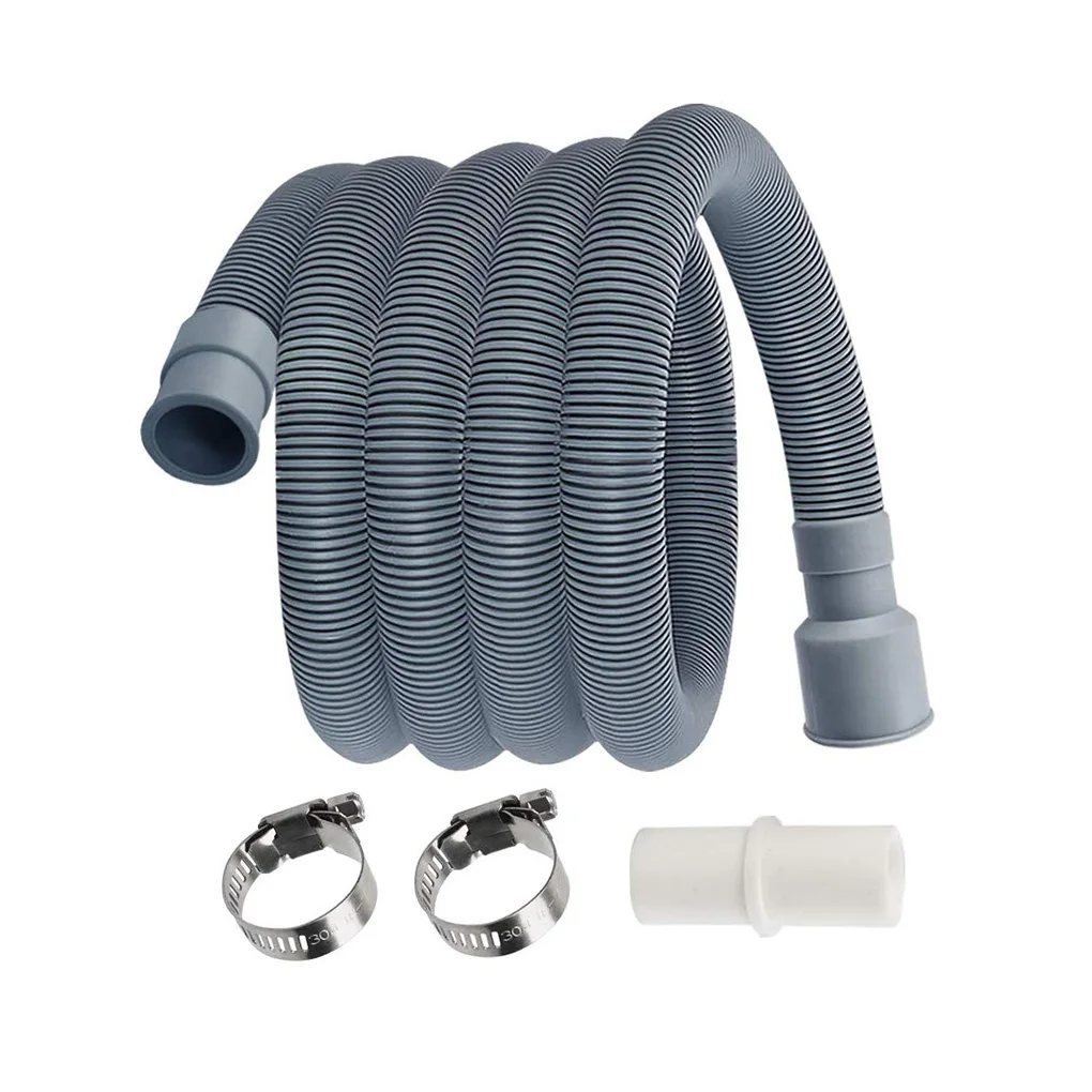 2M Washing Machine Dishwasher Corrugated Drain Hose Long Flexible Extension Waste Pipe Kit with Connector Clip for Bathroom