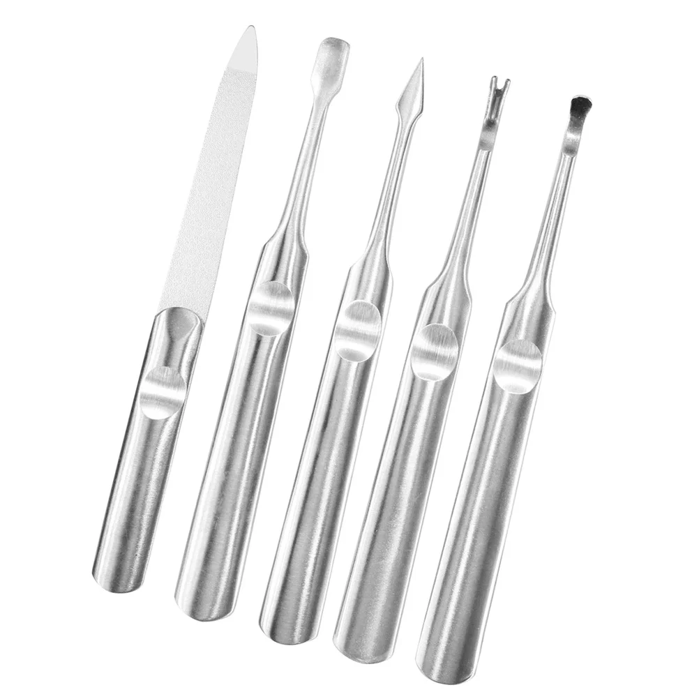 Conjunto de manicure de aço inoxidável, 5 peças, arquivo de unhas ergonômico para remoção de pele morta, limpador de cutícula, kit de ferramentas polidor, suprimentos para arte em unhas