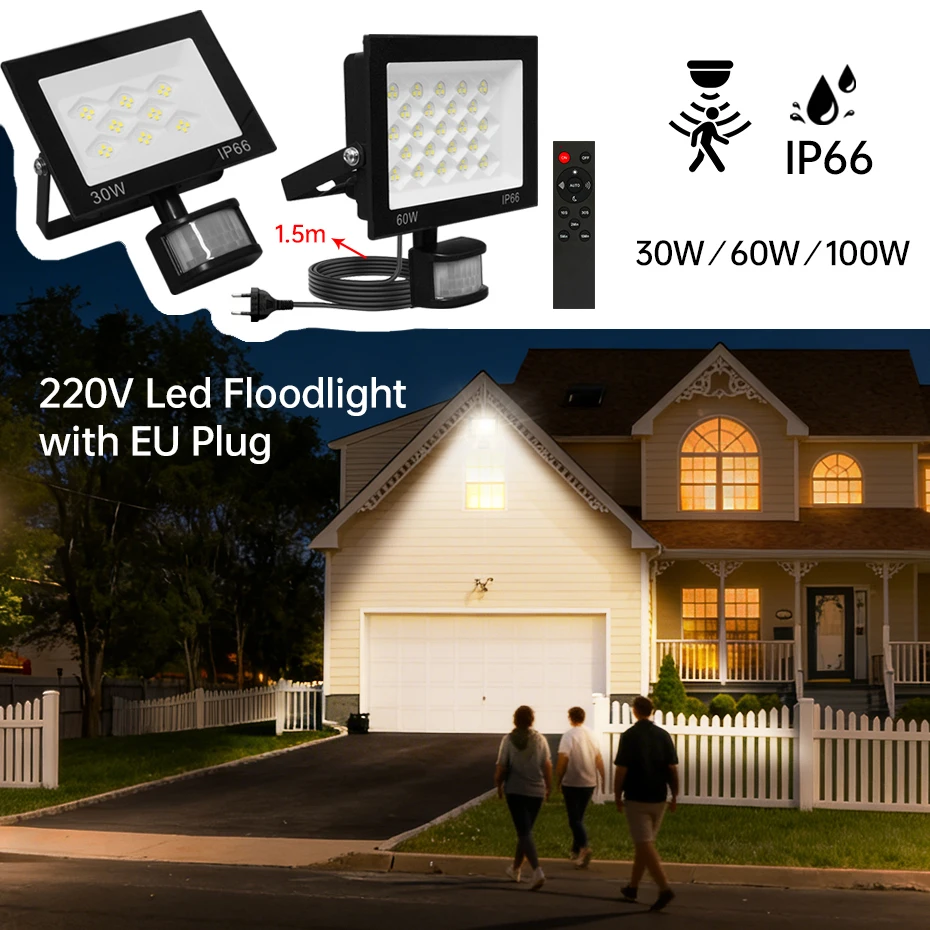 

Светодиодный прожектор с датчиком движения PIR и пультом ДУ, 30W 60W 100W, 220V, IP66, для улицы, сада, садово-паркового освещения, с вилками EU AU UK