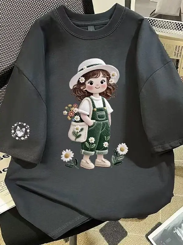 Cotton Short Sleeve T-Shirt Embroidered Print Cute Girl Casual Wear Breathable Summer Top for Youth Straight Body Fit round Neck