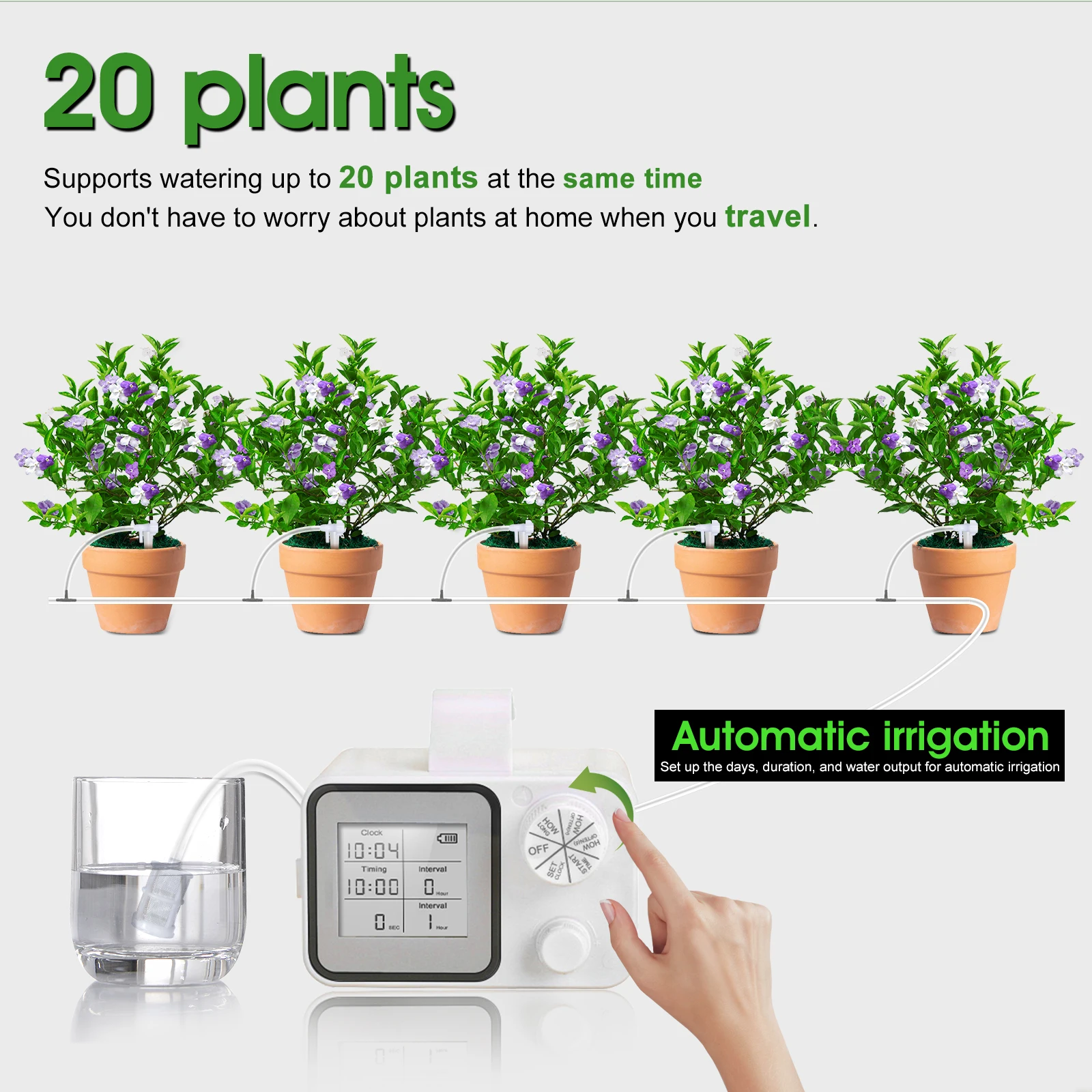 Automatic Drip Irrigation System Kit, LCD Timer with USB Display, 20-Piece Garden Watering System for Potted Plants, Patio