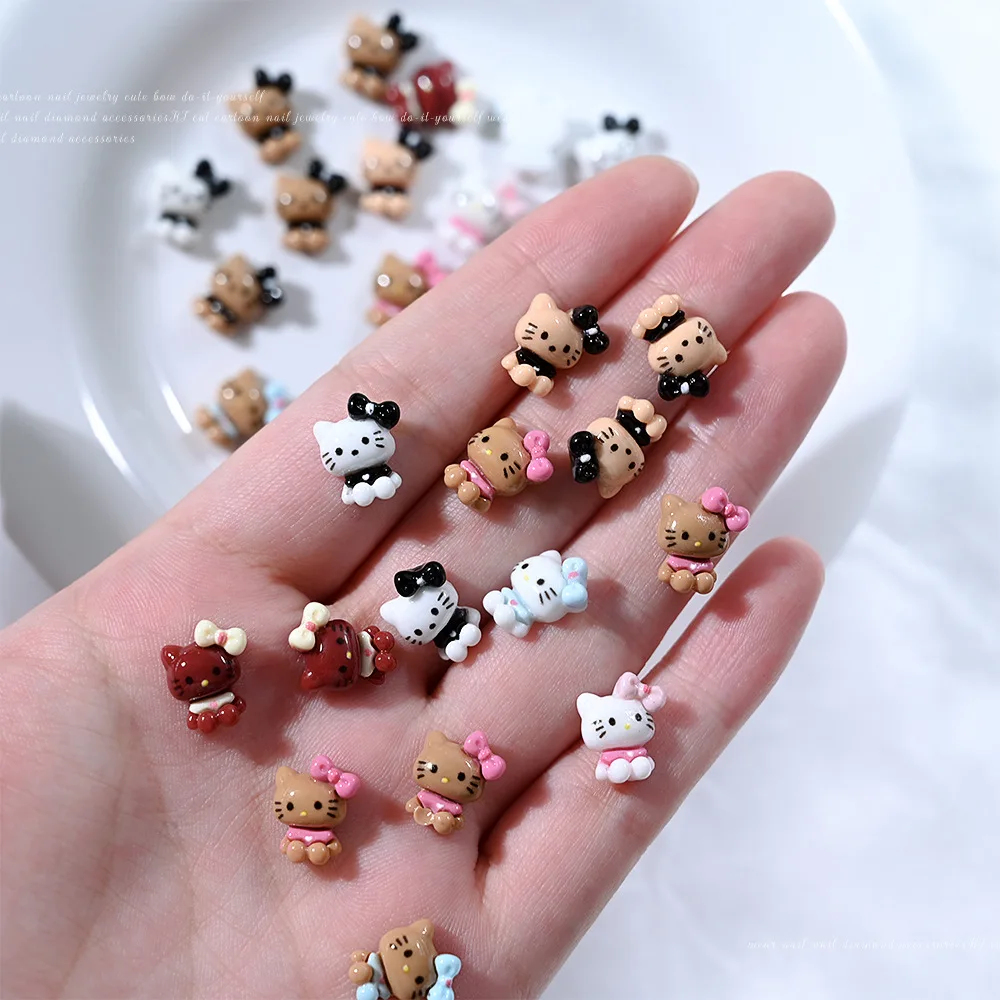 50PCS Cute KT Cat 3D Resin Nail Charms Mixed Bow Cartoon Kitty Ornaments Kawaii Y2K DIY Manicure Nail Art Decor Accessories