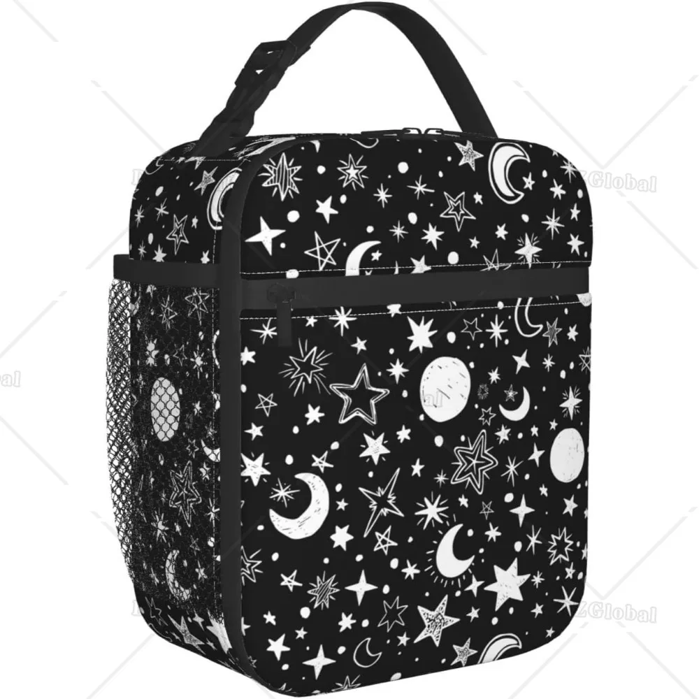 Black and White Moon Star Reusable Insulated Lunch Bags for Teens Boys Girls Men Women Thermal Lunch Box Cooler Bento Tote Bag