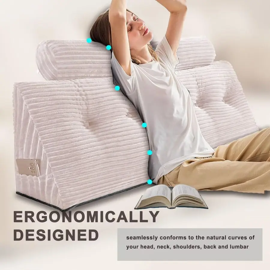 Almohada de cuña con soporte para espalda totalmente ajustable para sentarse en la cama, perfecta para leer. Incluye amplificador extraíble Cov lavable