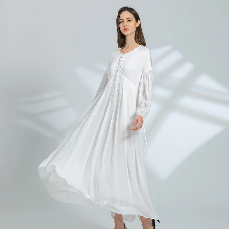 Love Elegant Ruffles Lantern Long Sleeves White High Waist Silk Woman Dress Sweet O-Neck Stylish Long Pleated Dresses AY101