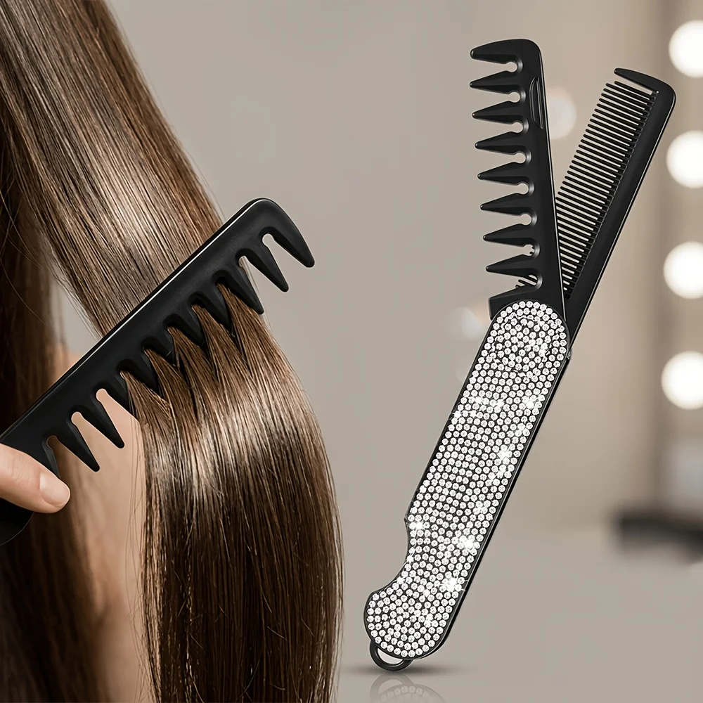 

2-in-1 shiny rhinestone hair comb, smooth hair styling dual-purpose comb, women's curly hair straight hair universal full diamond comb styling comb, portable travel hair tool