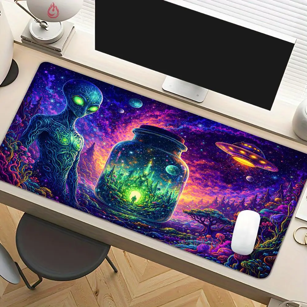 

Коврик для мыши в неоновом стиле с дизайном инопланетного мира, настольный коврик с прошитыми краями, нескользящий, для офиса, аксессуары для ПК, игровые коврики, tapis souris