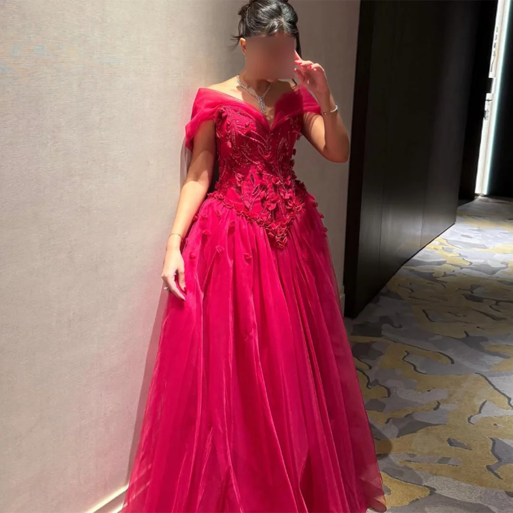 

Customized V-Neck Formal Evening Dresses Off The Shoulder A-Line Tulle Prom Gown Lace Appliques Sequined Beading Long Dress