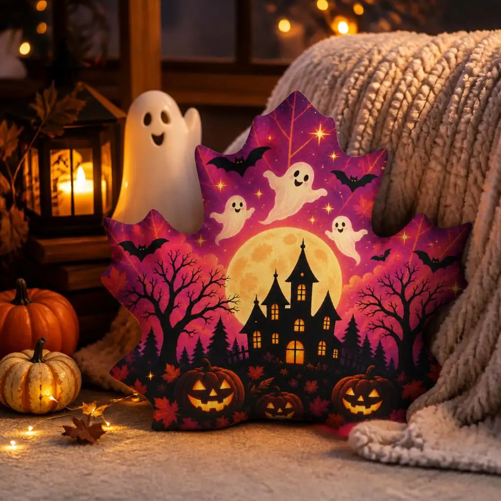 Halloween Maple Leaf Shaped Pillow Haunted House Ghost Cushion Jack O Lantern Throw Pillow Spooky Home Decor Sofa Gift Fall