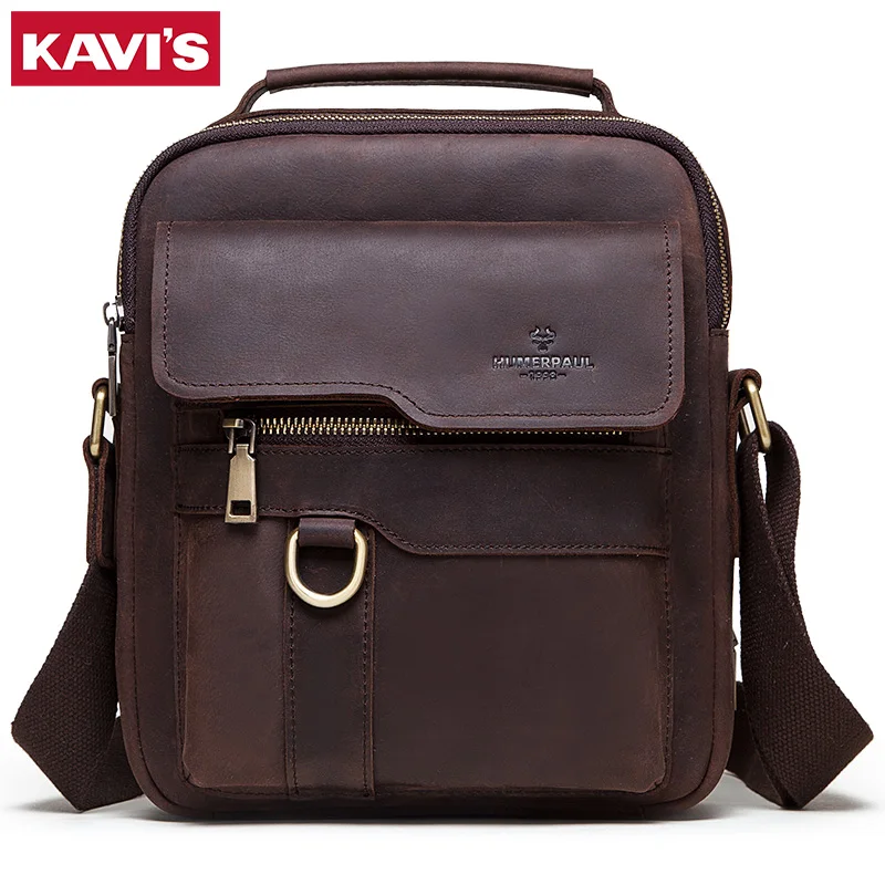 KAVIS Men's messenger bag made of cowhide, large capacity, easy to carry, multi-layer messenger bag, crazy horse leather