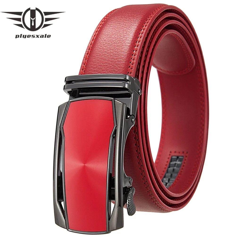 

Plyesxale Black White Blue Red Leather Belt For Men High Quality Fashion Automatic Buckle Mens Belts Luxury 3.5cm Width B1321