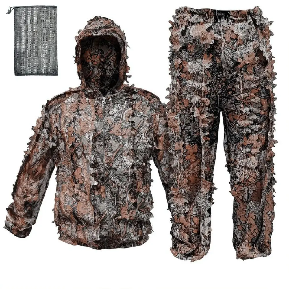 Tactical 3D Dry Leaf Ghillie Cloak Breathable Camo Suit For Hunting Birding Wildlife Photography Outdoor Concealment