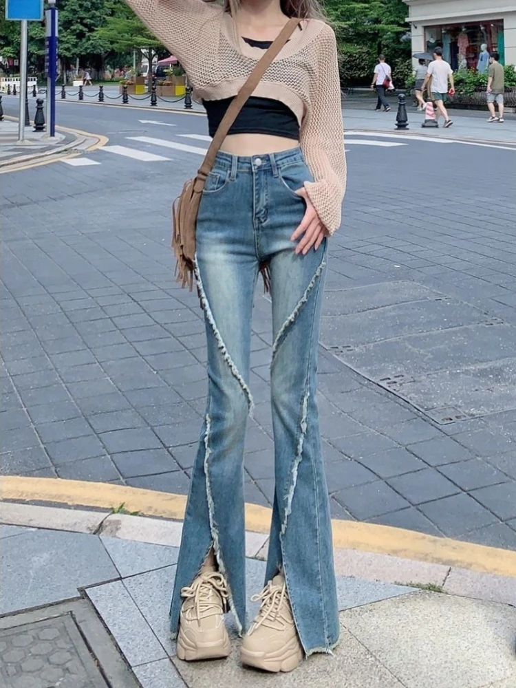 Slimming Vintage American Style Frayed Hem Flared Jeans Women High Waist Side Slit Floor Length Pants Autumn Casual Trousers