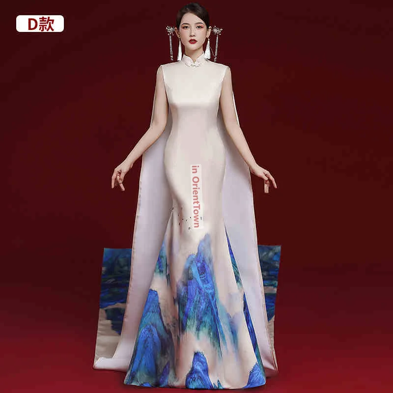 여성 모델 워킹 화려한 치파오 거정 공연 예술 시험 보컬 리딩 가수 의상 앵커우먼 정장 드레스