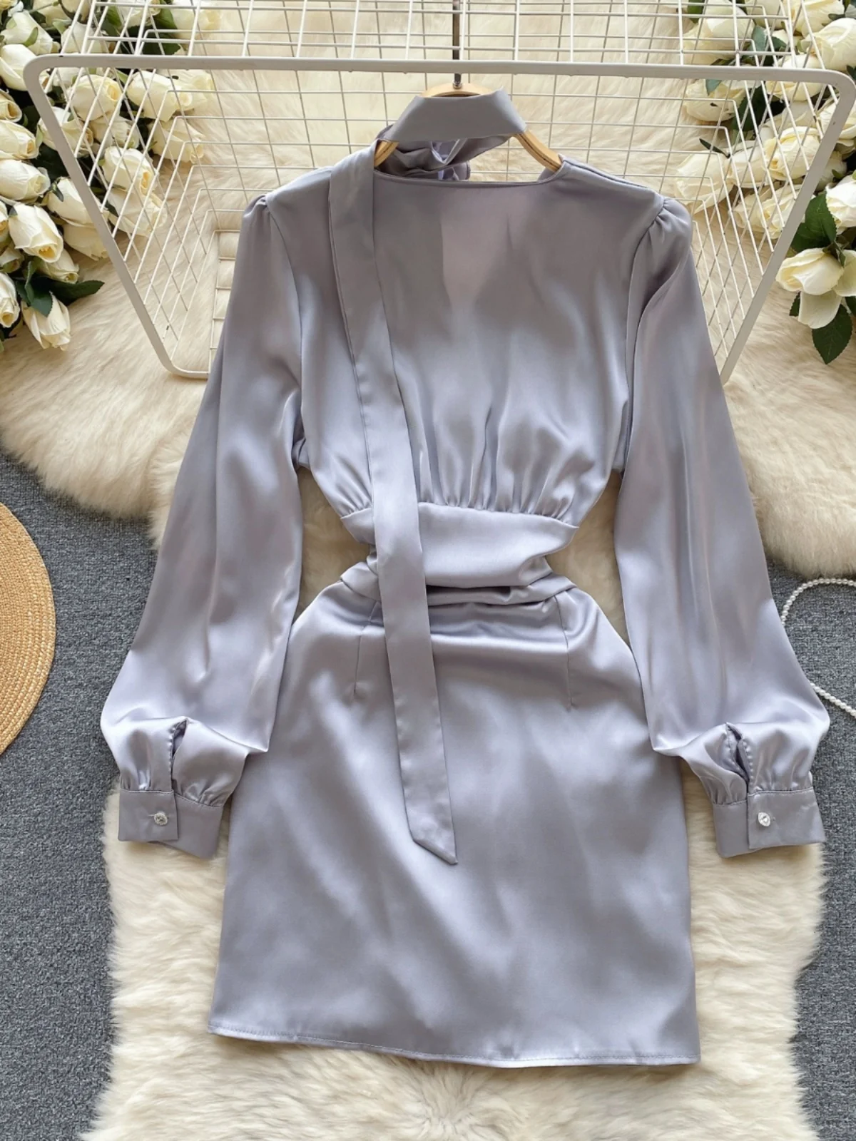 Ele Satin ort Fit Dr femmes longue Sve printemps nouveau Sle trajet coréen Sle taille haute a-ligne jupe toutes saisons