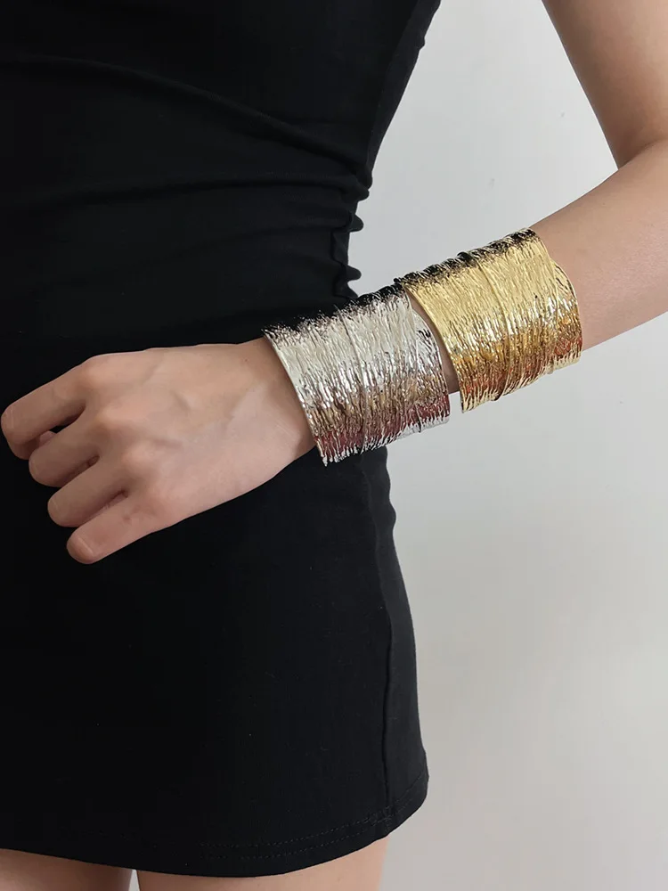 Vintage Irregular Metal Texture Wide Open Bracelets Bangles For Women Gold-plated Exaggerated Chunky Adjustable Jewelry
