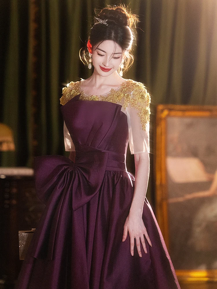 أنيقة الأرجواني ألف خط فساتين حفلات طويلة طاقم الرقبة مع القوس الكبير مساء حزب ثوب مساء اللباس مخصص فستان المناسبات الرسمية