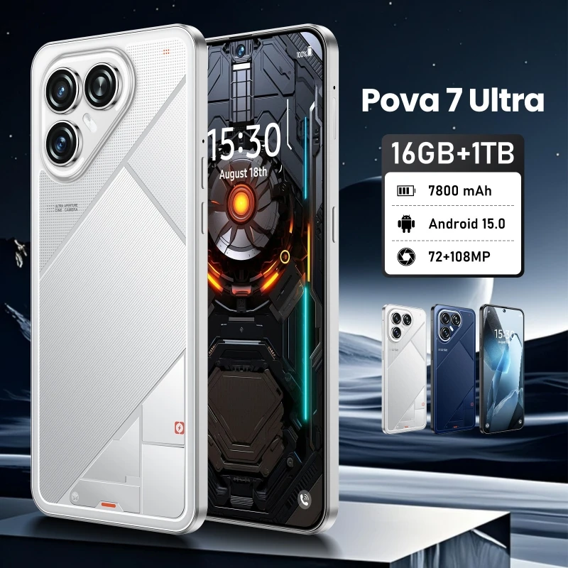 7.3 pouces HD 16GB + 1TB Original Pova 7 Ultra Smartphone 7800Mah t�l�phones portables 5G t�l�phone portable Android double Sim visage d�bloqu� Mobile Pho