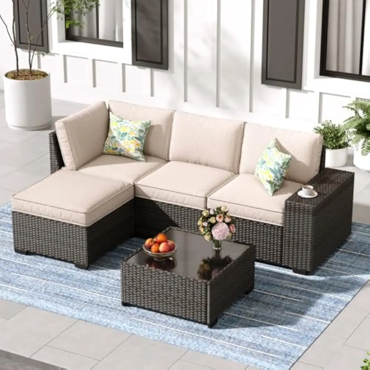 5-Piece Modern Modular Outdoor Sectional Set in Beige Featuring Wide Armrests Soft Water-Resistant Cushions Tempered Glass Table