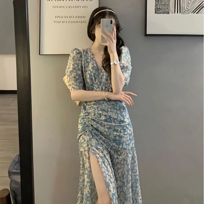 

Summer New Split Hem Fashion Mid Length Dress Vintage Drawstring Pleated Slim Sexy Floral Dress Trend Korean Women Clothing