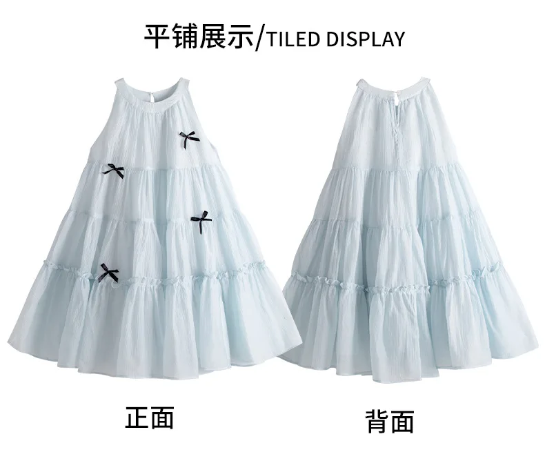 2026 Summer slip Camisole off shoulder bow kid baby party mesh princess Girls Mid Long lace Teenager dress 4 8 10 12 14 Years