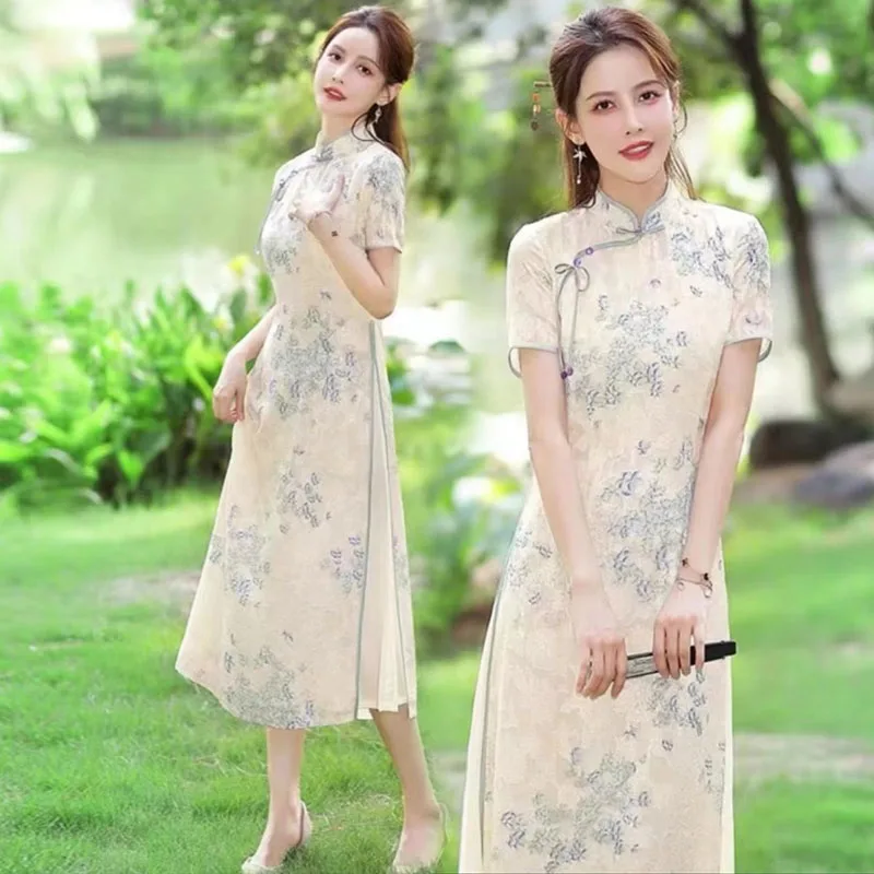 

Новое китайское платье из шелкового шифона с цветочным узором и вырезами, приталенное, для женщин, для чайной церемонии, с коротким рукавом, с цветочным принтом