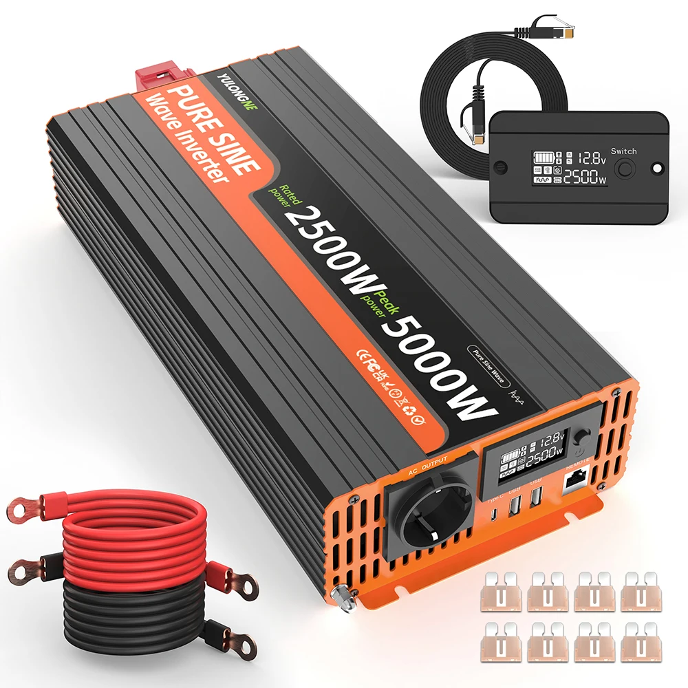 YULONGNE 2500W (5000W Peak) Pure Sine Wave Inverter 12V/24V to 230V EU Socket with LCD Display for Caravan Truck Solar Inverter
