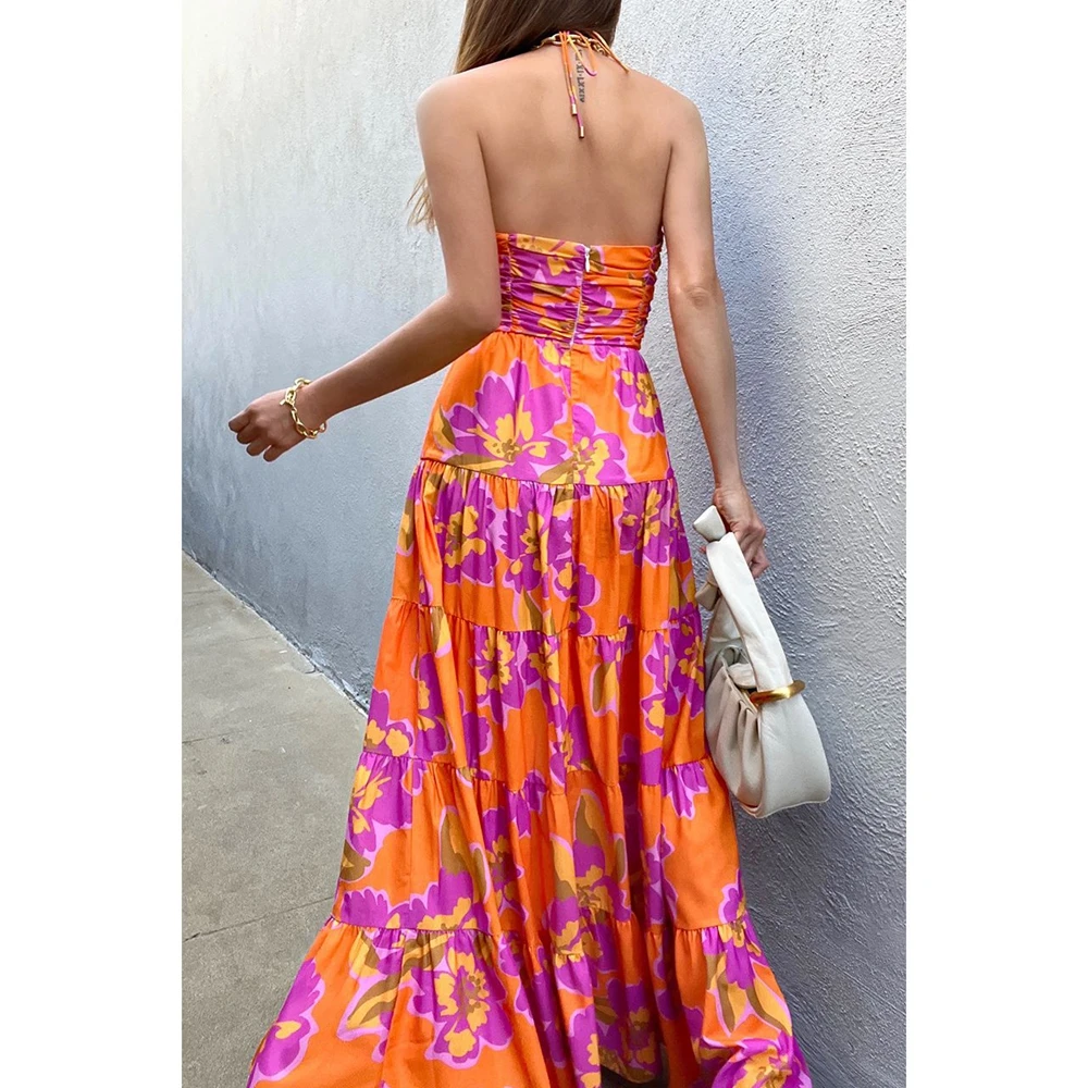 Combhasaki المرأة الصيف الدانتيل متابعة الرسن الرقبة أنيق الأزهار طباعة/التباين اللون انقطاع عارية الذراعين أكمام ألف خط فستان طويل