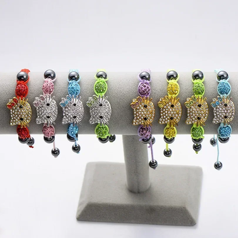 Anime Hellos Kittys Fashion Bracelet Multi Color Round Crystal Beads Bracelet  Diamonds Handwoven Kids Jewelry Gifts Girls