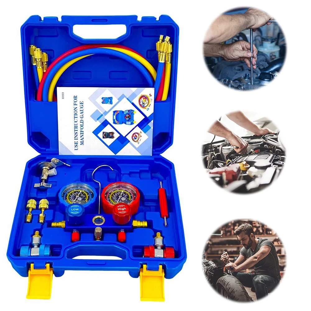 

3 Way AC Manifold Gauge Set with 1.2m Hoses AC Diagnostic Manifold Gauge Set Automotive AC Gauge Set for R134A/R22/R410/R404