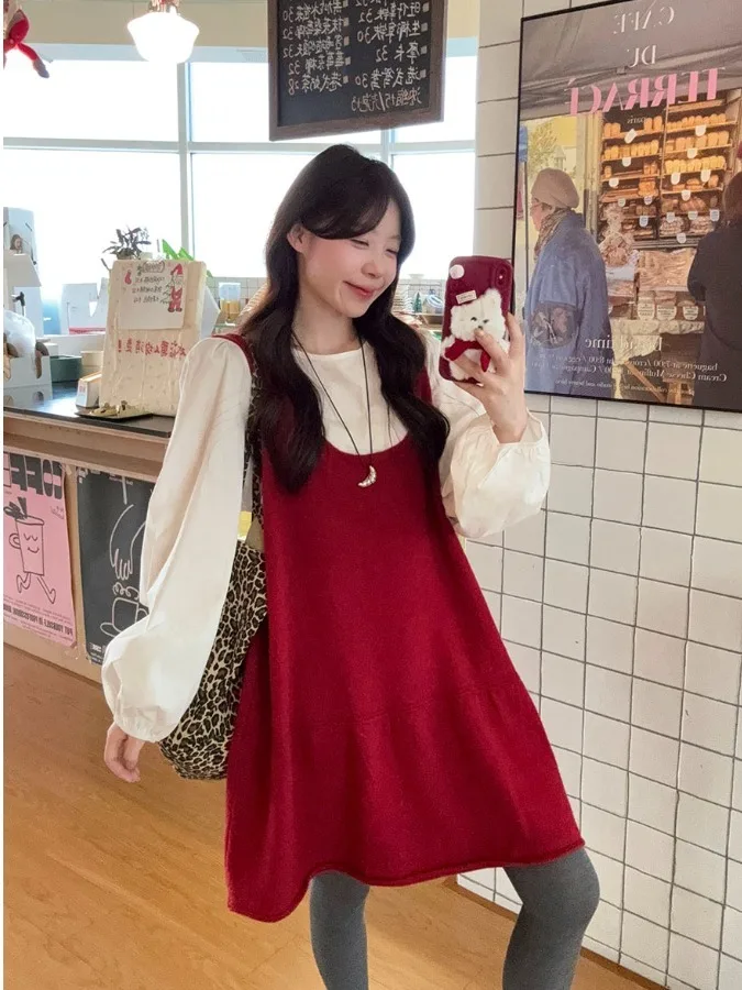 

Женский комплект больших размеров: мягкая белая вязаная кофта с длинным рукавом и юбка, корейский стиль, свободный крой, осень-зима, стройнящий эффект