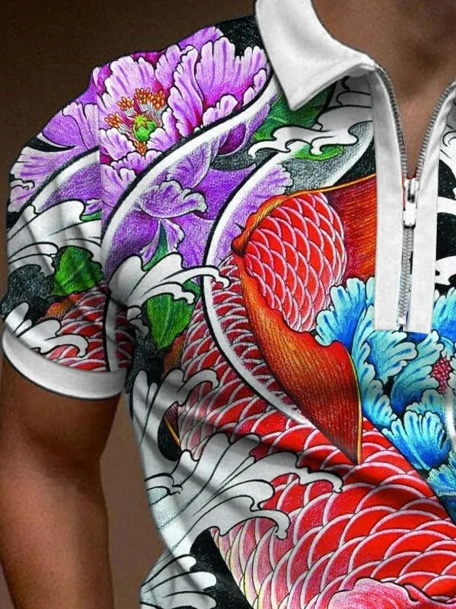 Red Fish and Flower 3D Print Polo Zipper Short Sleeve Shirt for Men