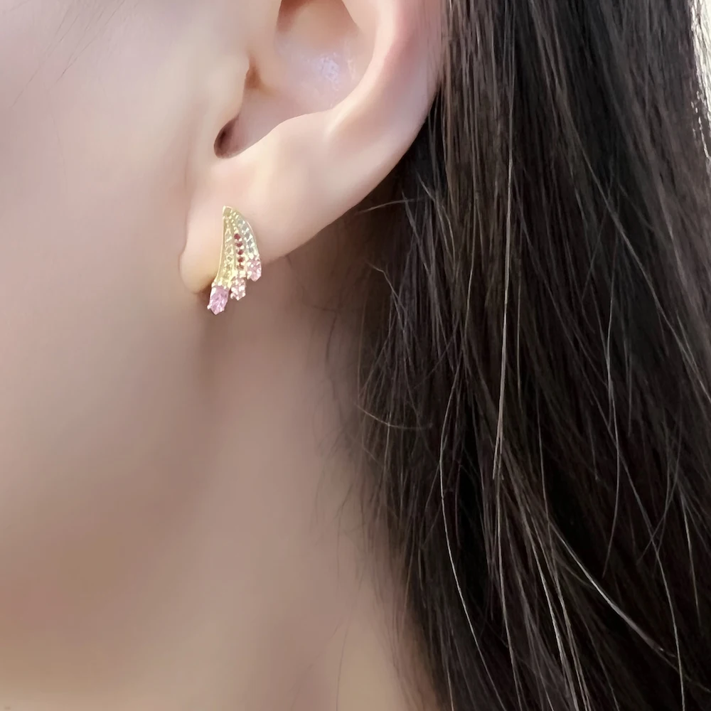 Hummingbird Wing Bright Gold Stud Earring Europe Fine Rainbow Look Jewerly For Women New Bohemia Gift 925 Sterling Silver