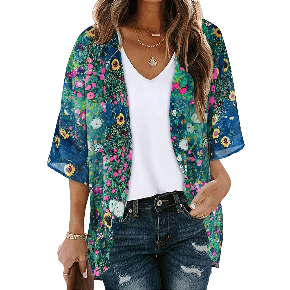 New Women's Trendy Chiffon Kimono Cardigan Vintage Floral Print Short Sleeve Cover Ups Casual Loose Open Front Cardigans Tops