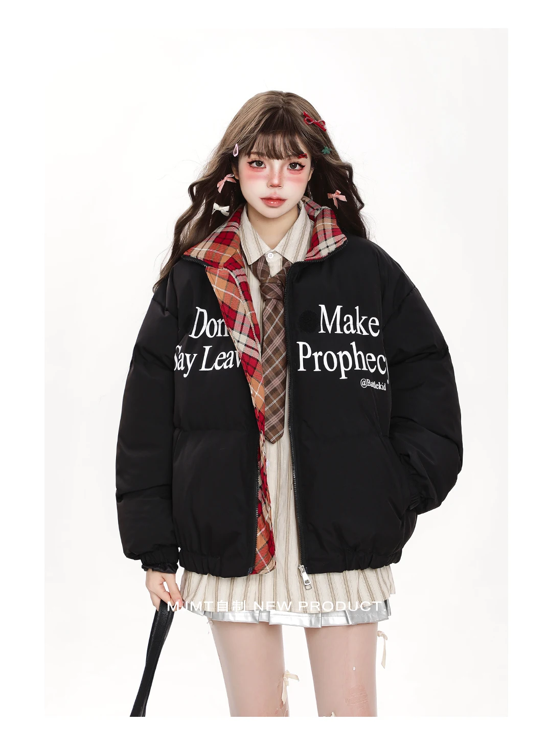 American Sweet Cool Street Style Letter Printing Plaid Splicing Stand Collar Zipper Loose Warm Cotton Coat Women Winter Jackets