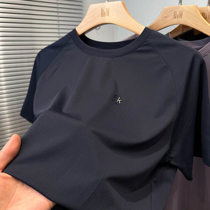 Hot Sale Ice-Feel Men's T-Shirt O-Neck Letter Embroid Short Sleeve Traceless Half Sleeve Summer Breathable Fashion Trend Men's