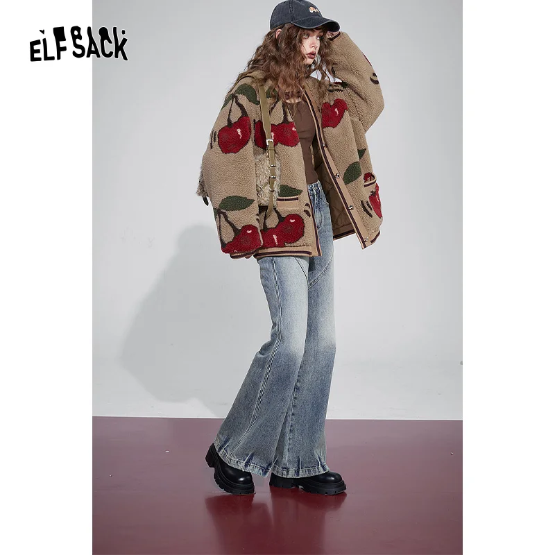 ELFSACK Kawaii Cherry Thicken Cotton Jackets Women 2023 Winter New Korean Fashion Outwears