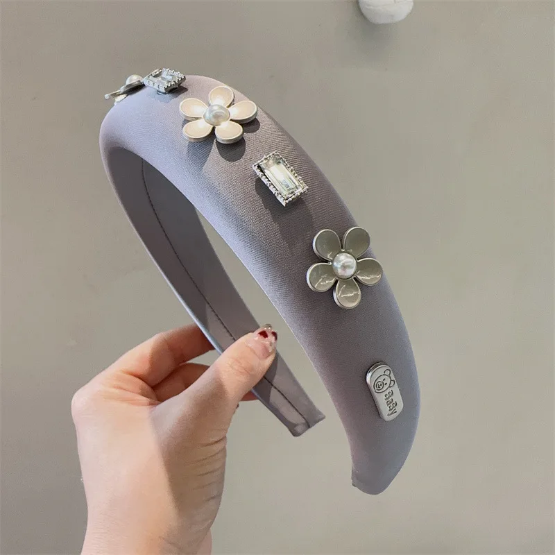 2024 High-end Silver Camellia Bear Satin Hair Band Headband Sponge Hair Accessories Korean Luxury Grey Padded Hair Hoop Headwear